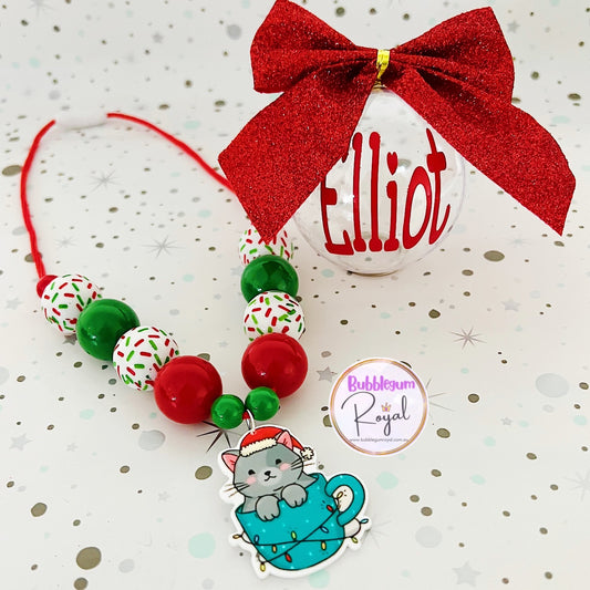 Teacup Christmas Cat - Personalised Bauble