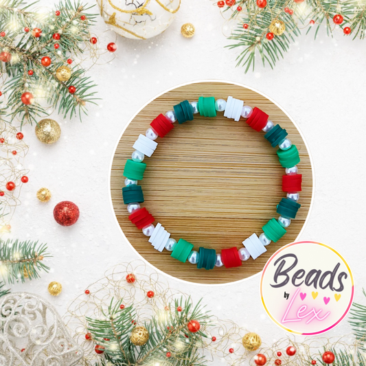 Red, Green & White Christmas Clay Bead Bracelet