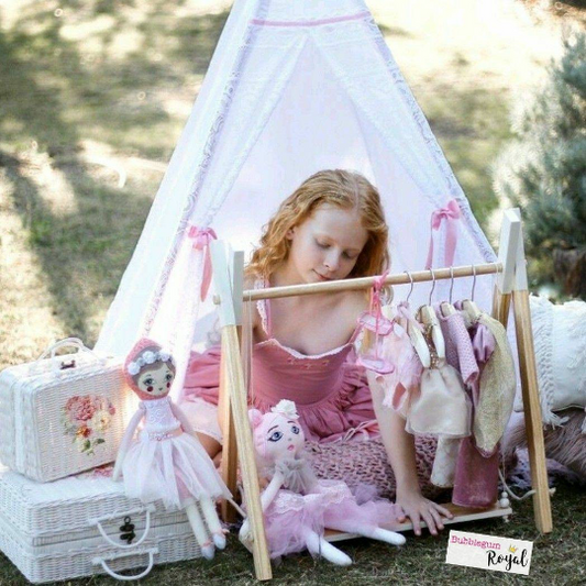 Doll Size Wooden Clothes Rack Set with Doll Size Coat Hangers